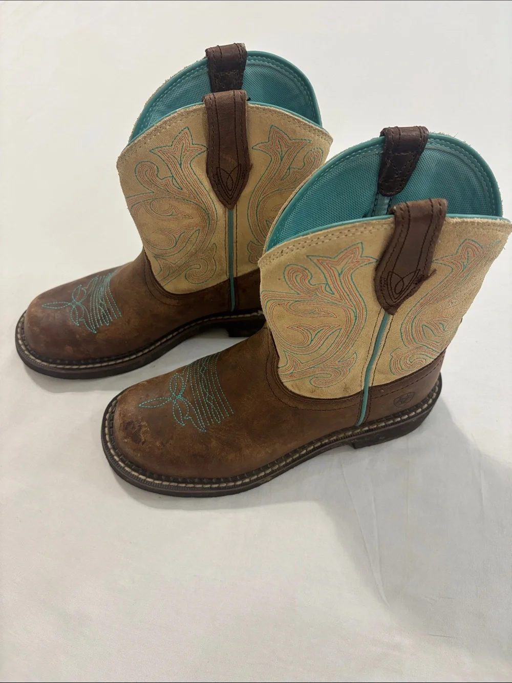 Ariat Boy’s Brown Leather & Cream Suede Cowboy Boots w/ Turquoise Embroidery